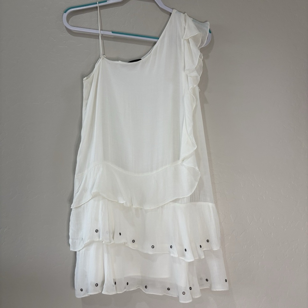 Zara Trafaluc Ivory One Shoulder Tiered Asymmetrical Metal Embellishment Dress S - Picture 2 of 12